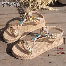 WRCVS 米色女款夏季平底涼鞋，編織輕量防滑沙灘鞋，仿繩底，波希米亞風度假圓頭學生鞋，波西米亞風 - 米色 - 查看 9