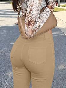 Mid-Waist Retro Stretch Split Hem 3/4 Length Slim Fit Skinny Jeans Denim Shorts Suitable For Summer Spring Casual Outings And Dating - Khaki - View 2