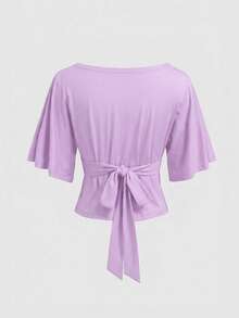 Vela Rue Waist Tie Bow Solid Color Batwing Sleeve Boat Neck Slim Fit Knit Elastic Navy Blue T-Shirt For Commuting, Work, Teacher's Day Casual Summer - Mauve Purple - View 2