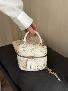 Gentle Floral Embroidery Lace Mini Box Bag, Handheld Double Zipper Gold Chain Crossbody Makeup Pouch - White - View 6