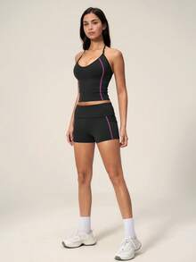 TimeOff Women's One Set Solid Color Adjustable Strap Camisole Tank Top & Wide Leg Mid-Length Shorts Sports Set - Black - View 9