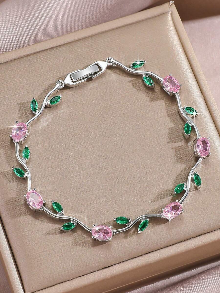 1件時尚鬱金香花葉手鍊，鍍層亮面鋯石獨特設計不褪色高品質珠寶，女款日常配戴，新娘飾品，節日禮物