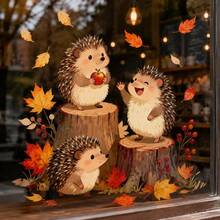 1pc Home Decoration Autumn Stump Hedgehog Static Adhesion Window Cling Fall Cute Animal Window Decals Reusable PVC Double-Sided Visible Glass 11.8*11.8in For Thanksgiving Halloween Home Glass Decor Aesthetic Fall Decorations - Hedgehog and Maple Leaf - View 1
