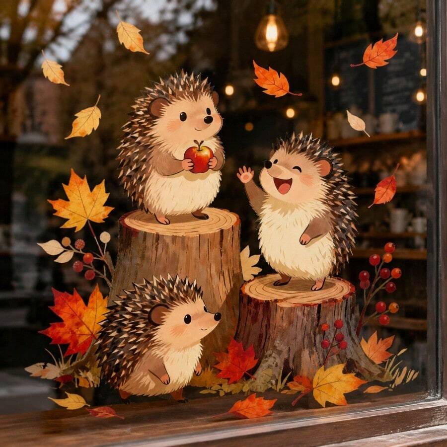1pc Home Decoration Autumn Stump Hedgehog Static Adhesion Window Cling Fall Cute Animal Window Decals Reusable PVC Double-Sided Visible Glass 11.8*11.8in For Thanksgiving Halloween Home Glass Decor Aesthetic Fall Decorations - Hedgehog and Maple Leaf - View 1