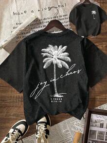 Camiseta de Playa de Verano para Mujer, Casual, con Estampado de Palmeras, Cuello Redondo, Manga Corta, Blanca - Gris Oscuro - Ver 1