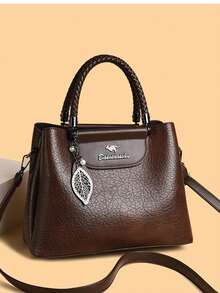 Classic Colorblock Women's Handbag PU Leather Multi-Pocket Commuter Bag Fashion Leaf Pendant Crossbody Shoulder Bag - Multicolor - View 12