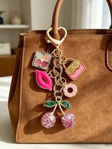 Elegant Exquisite Diamond Inlaid Cherry Pendant Keychain, Makeup Theme Pendant, Y2K Style, With Cute Pink Cherry, Rose Lips, Eyeshadow Palette And Donut Design, Summer Pink, Suitable For Backpack, Handbag, Wallet, Beach Bag, Phone Charm - Multicolor - View 6