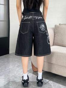 1pc Women's American Street Style Embroidered Black Denim Loose Wide Leg Jeans Fashion Summer Denim Shorts Casual - Black - View 3
