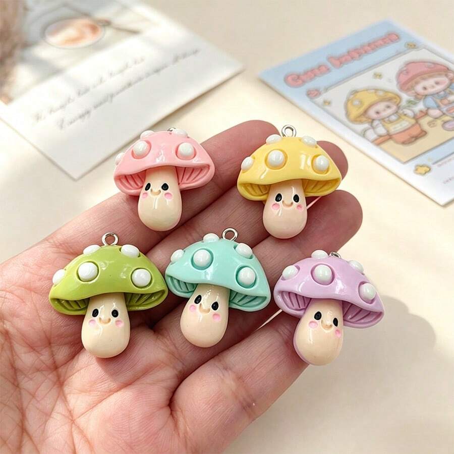 10pcs Cute Mushroom Pendant Set For Jewelry Making, Includes Resin Vegetable Pendants, Suitable For Flat Back Earrings - Random Mix - Multicolor - View 1
