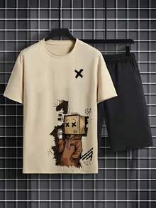 男士大尺碼夏季塗鴉印花圓領短袖休閒T恤與抽繩腰短褲套裝 - 杏色 - 查看 2