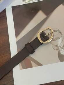 1 pezzo Cintura in pelle nera stile minimalista versatile per donna, adatta per jeans, pantaloni casual, abiti, cintura decorativa alla moda per la vita, fibbia in oro premium, cintura asimmetrica in oro per donna - Beige - Visualizzare 3