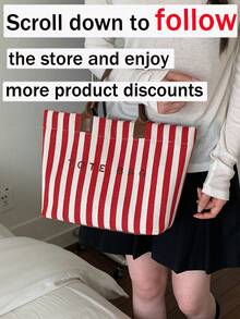 Nuevo bolso de mano con decoración de letras y rayas de gran capacidad, bolso tote multifuncional para el trabajo con asas dobles para mujeres, adecuado para ir al trabajo, vacaciones en la playa - Rojo - Ver 3