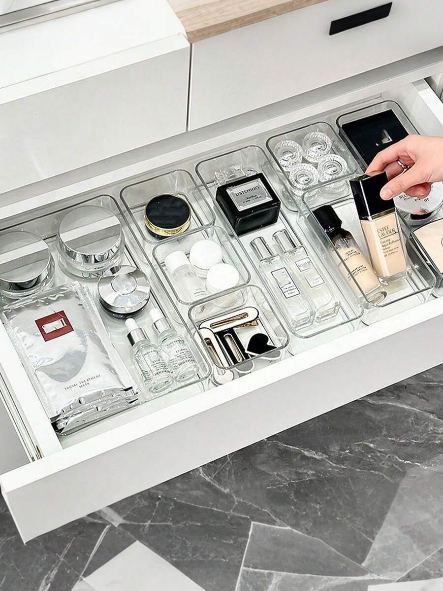 25pcs Tray Set, Clear Storage Box Set For Vanity Drawer, 4 Sizes Trays, Multi-Purpose, Suitable For Storing Cosmetics, Pens, Small Items, Perfect For Bathroom, Vanity, Office Drawer - Clear - View 1