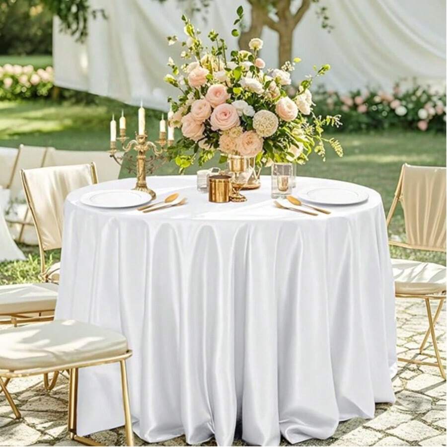 1pc Satin Round Solid Color Tablecloth, Suitable For Wedding Party Dining Banquet - White - View 1