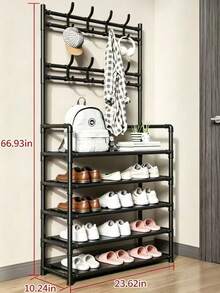 1 Multi-Functional Iron Art Coat And Shoe Rack, 4/5 Tiers, With 8 Hooks - Easy Assembly, Black/White Shoe Rack, Shoe Storage Rack - Multicolor - View 12