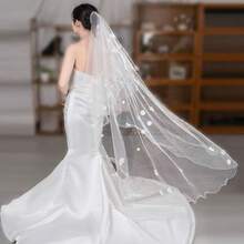 1件 300cm 3D花卉歐根紗新娘面紗，大教堂長度單層長拖尾婚禮面紗配件 - 彩色 - 查看 4
