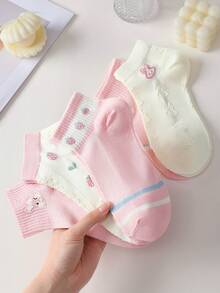5 pares de calcetines tobilleros para mujer con lindo estampado de fresa, conejo y corazón, cómodos y suaves, absorbentes de sudor y transpirables, adecuados para uso diario, deportes y todas las estaciones - Multicolor - Ver 7