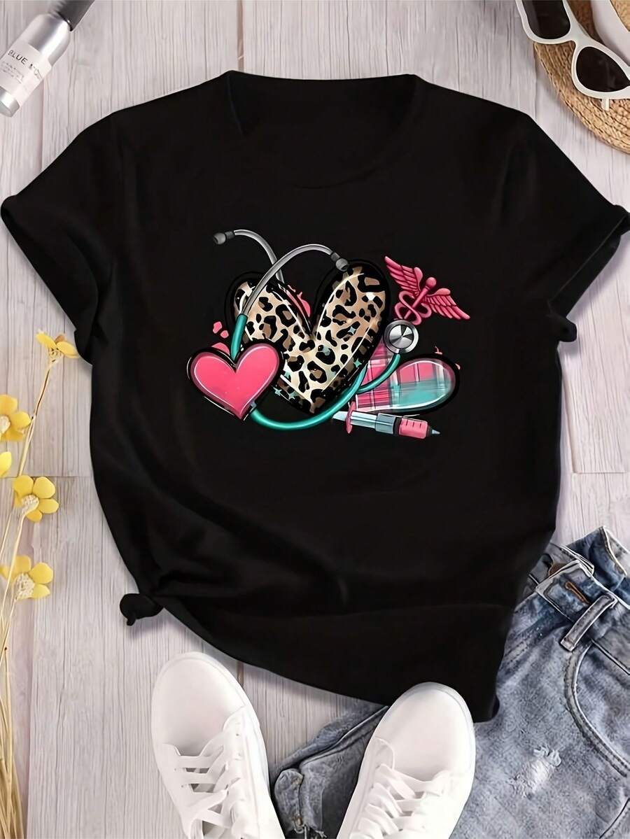 Women's T-Shirt With 3D Leopard Print Heart Stethoscope, Soft, Breathable, Round Neck Sh0086, Perfect For Outdoor Activities, Parties Or Gifts, Bright Colors And... - 黑色 - 查看 1