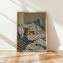 1pc Frameless Cozy Cat Reading On Bed Art Print, Striped Pillow Soft Sunlight Book Lover Illustration, Apartment Living Room Bedroom Dorm Modern Home Decor, Back To School Season Fun Poster, Room Decoration, Vintage Decor - Cartoon - View 1
