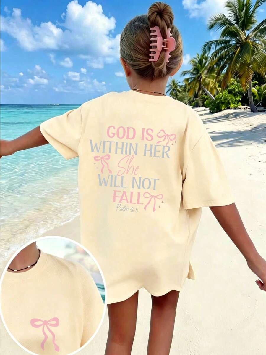 Tween Girl - Vacation Style Printed T-Shirt, Suitable For Travel And Vacation Wear, Fashionable Spring/Summer Casual Versatile Top - Apricot - View 1