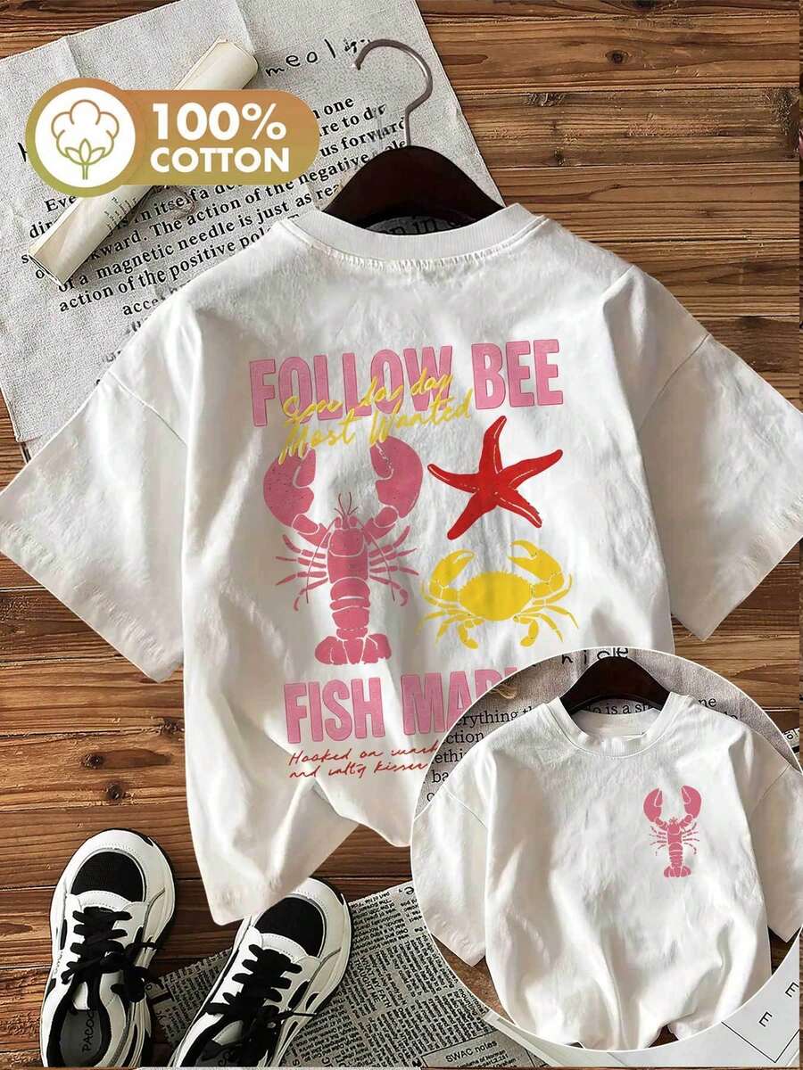 2026 Summer Cotton Top With Round Neck, Reversible And Printed, Ideal For Spring And Summer, With Vintage Style And Lobster And Starfish Motifs, Short Sleeves, - White - View 1
