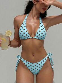Bộ bikini 2 mảnh nữ mùa hè đi biển, hồ bơi, thể thao dưới nước, gồm áo tắm cổ yếm chấm bi thanh lịch buộc sau lưng hở lưng và quần bikini buộc hai bên eo, 2 món - Màu xanh bạc hà - Xem 1