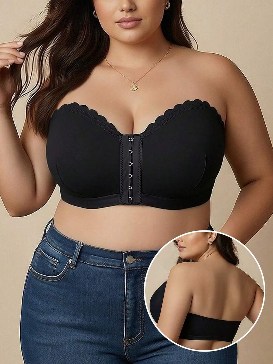 Summer Thin Strapless Front-Closure Black Plus Size Women's Bra, Curved Design Wire-Free Camisole Style Comfortable All-In-One Bra - Black - View 1