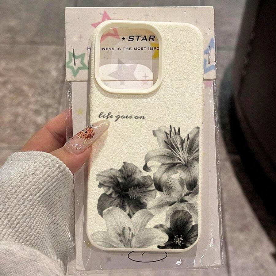 1pc TPU Material Ink Wash Lily Inspirational Pattern Phone Case Compatible With IPhone 17 Pro Max/17/16 Pro Max/15/13/12/11/ S20 FE/A15/S24/A55/ Note 11/Note 12/Note 13 Pro Full Coverage Shockproof Soft Shell Protective Cover - White - View 1