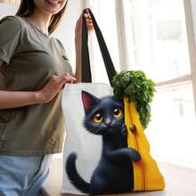 1 buah Tas Tote Motif Kucing Hitam Modis - Ringan & Dapat Dilipat, Cocok Untuk Belanja, Perjalanan, Gym, Pantai, Motif Kucing Dua Sisi, Tas Persegi Panjang Luas, Ideal Untuk Penggunaan Sehari-hari Dan Aktivitas Luar Ruangan, Dapat Menyimpan Buku Dan Pakaian - MultiWarna - View 7