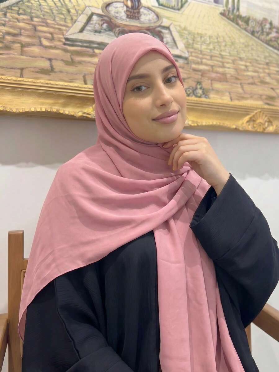 1pc Chiffon Muslim Headscarf Sun Protection Square Scarf Beach Solid Color Casual Scarf Large Square Scarf 140*140cm - Pink - View 1