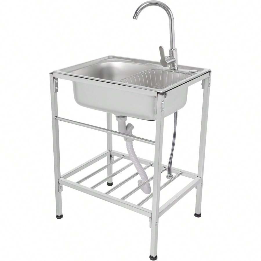 Freistehend Spültisch Edelstahl Spültisch mit Unterschrank 60x45x75cm Waschbecken Outdoor, Spüle mit Unterschrank 60kg Tragfähigkeit Multifunktions Waschtisch Edelstahl mit Heiß & Kalt Wasserhahn - Standard - Übersicht 1