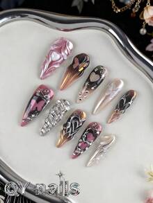 10pcs/Set Press On Nails, Almond-Shaped Nails,Long Nails,Summer Nails,3D Nails,Opulent Style,Detachable, Suitable For Party, Dance, Daily Wear, Student Party, Office Worker Cosplay, Press-On And Reusable, With Nail Glue Sticker And Nail File Handmade Press On Nails - Multicolor - View 12