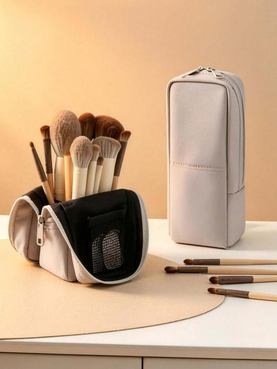 Upright Standing Makeup Brush Bag, Portable Travel Cosmetic Organizer Pouch, Multifunctional Stationery Pencil Case Dual Use - Multicolor - View 1