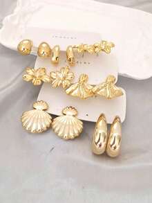 Juego de 2-7 pares de aretes tipo cuff para oreja con flores y conchas en oro desgastado vintage, estilo de diseñador de nicho, mezcla de múltiples formas, aretes de botón para uso diario - Dorado - Ver 2