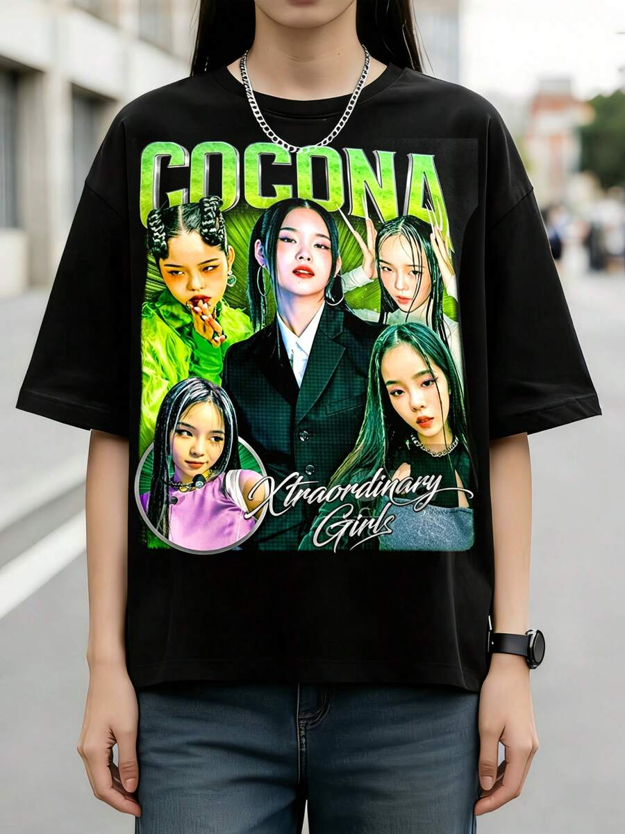 XG Cocona Five Portrait Green Gradient Tropical Leaf Vintage Cotton T-Shirt - 黑色 - 查看 1