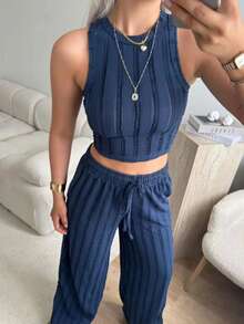 Women's Fitted Tank Top With Reverse Seam Crop Top And Wide Leg Pants 2 Pieces Set - Navy Blue - View 3