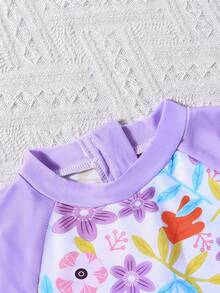 Girls' Long Sleeve Rash Guard Swimsuit, High Neck Design Provides Maximum Sun Protection, Cute Purple Ruffle Hem Adds Sweetness, Zipper Back Closure For Easy On/Off, Suitable For Beach, Pool And Other Occasions - Mauve Purple - View 3