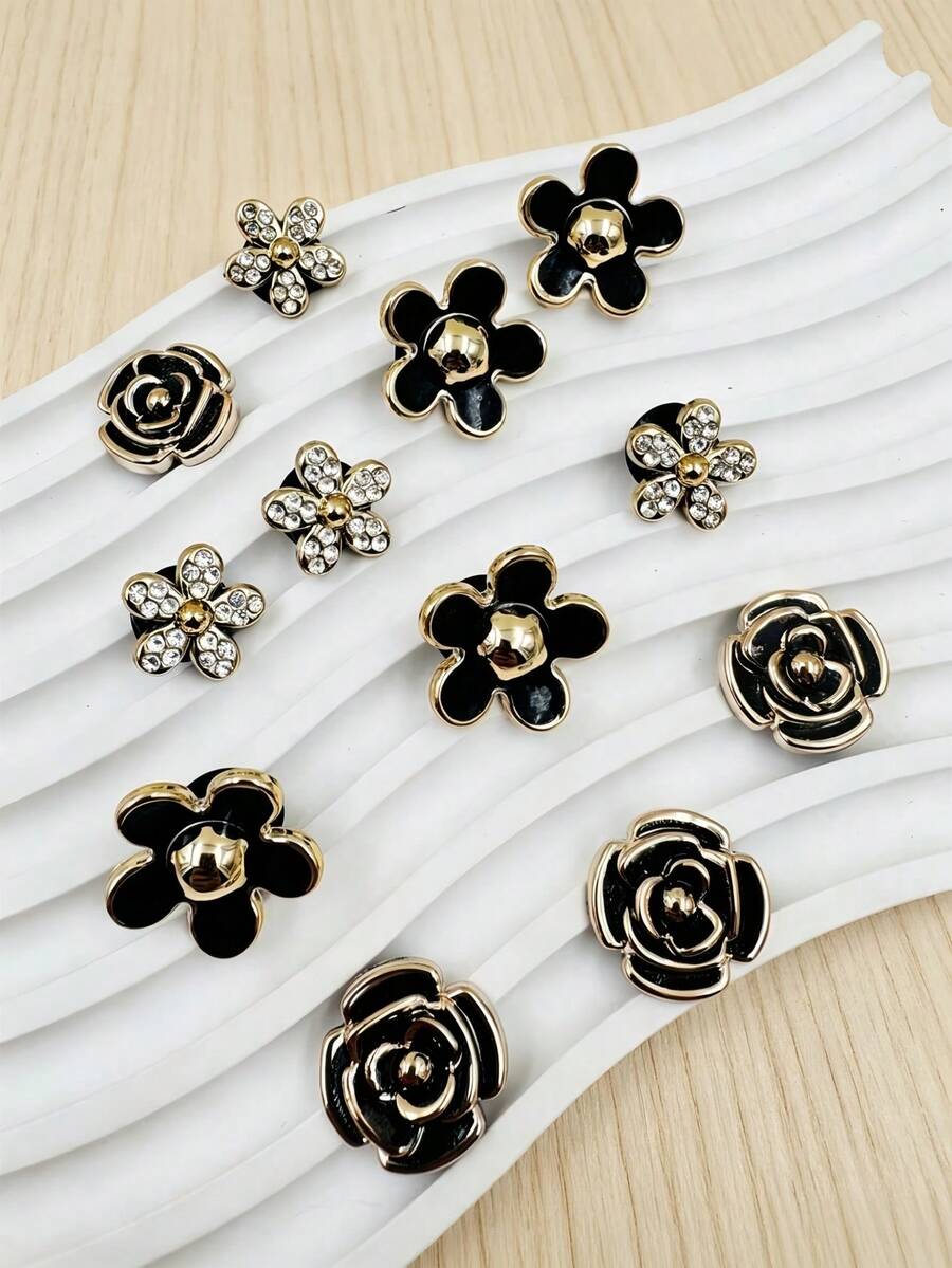 12pcs Gold Flower Shoe Charms - Made Of Durable ABS Material, Hollow Design, Suitable For Sneakers, Sandals And Slippers, Perfect For Mother's Day, Christmas And Other Holiday DIY Shoe Decorations, Shoe Charms | Flower Shoe Charms | Hollow Shoe Charms - Black - View 1