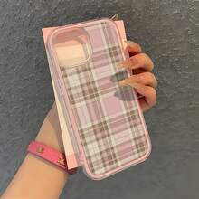 1pc Pink Frame Transparent Minimalist Lens Protection Anti-Drop Anti-Collision Minimalist Milk Tea Pink Fine Grid Pattern Phone Case Personalized Compatible With IPhone 16 Pro Max 17/16/15/14 Plus/13/12/11 Protective Case Air Compatible With Samsung Series - Multicolor - View 3