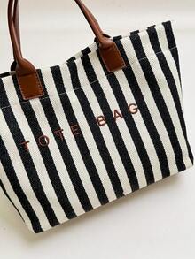 New Large Capacity Letter Decor Stripes Handbag, Multifunctional Commuter Tote Bag With Dual Handles For Women, Suitable For Commute,Beach Vacation - Black and White - View 8