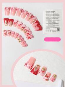 24入熱帶度假風粉色對比方型穿戴式甲片，椰子樹&花朵+波浪斑馬紋+金屬海星裝飾，海灘旅行日常穿搭亮眼法式假指甲尖 - 紅白色 - 查看 5