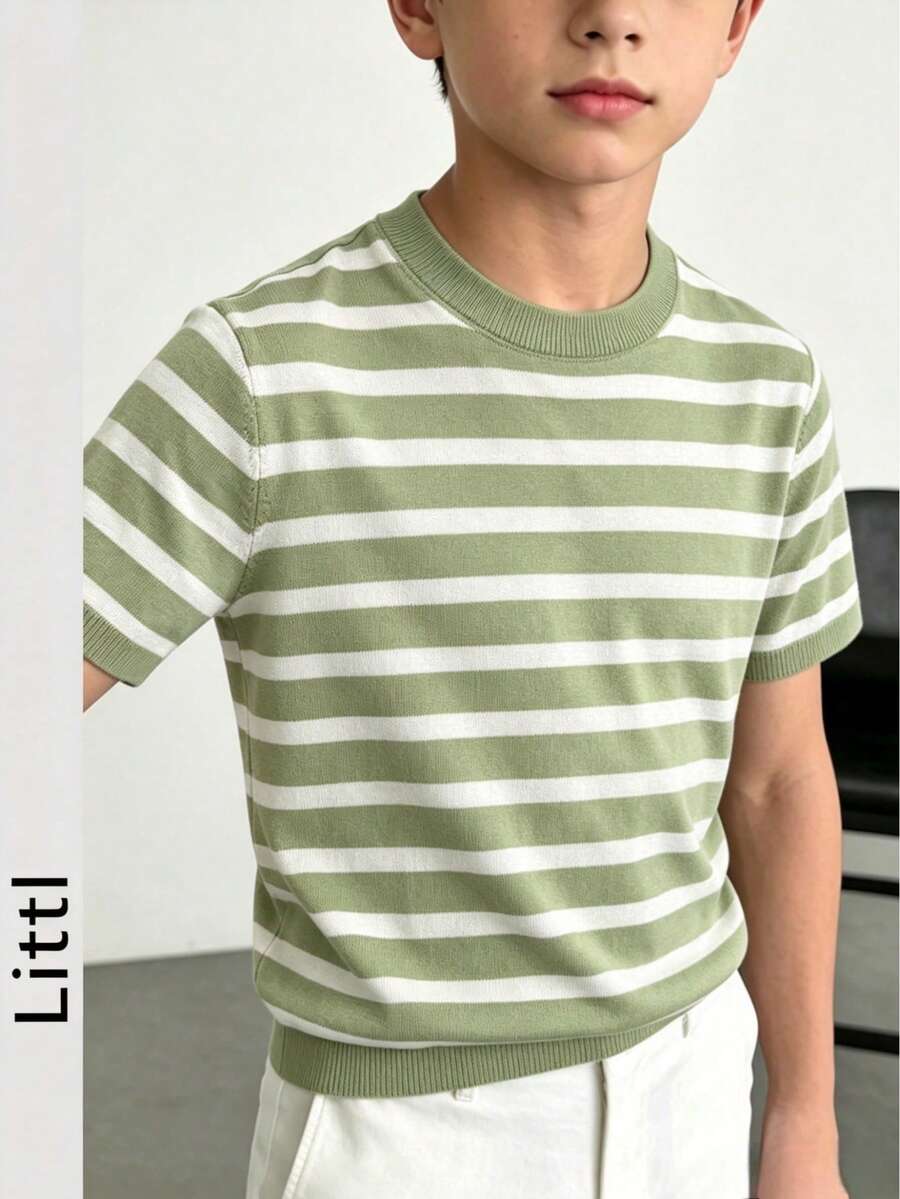 Children Boys Ribbed Collar Contrast Color Striped Knit Short Sleeve Sweater, Soft Breathable Striped Knit Top, Suitable For School And Daily Wear - Multicolor - View 1