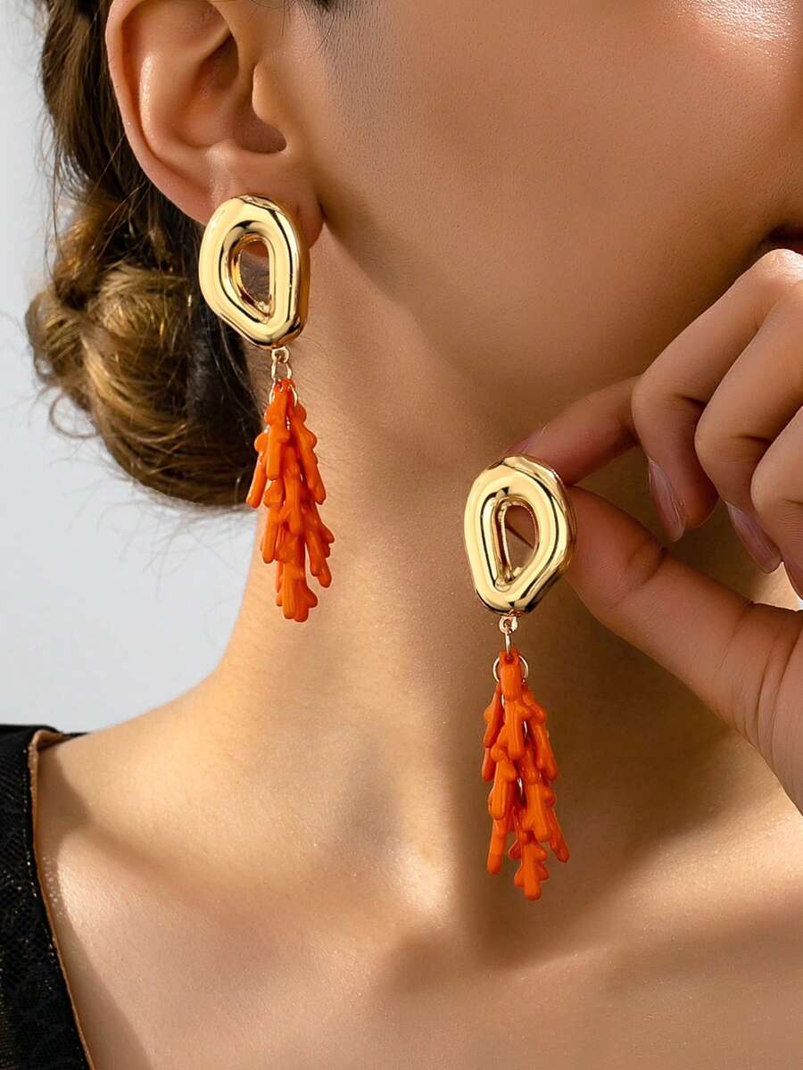 1 Pair Women's Fashion Vertical Drop Earrings, Ocean Vacation Coral Pendant Earrings, Suitable For Daily And Vacation Wear - Yellow Gold - View 1