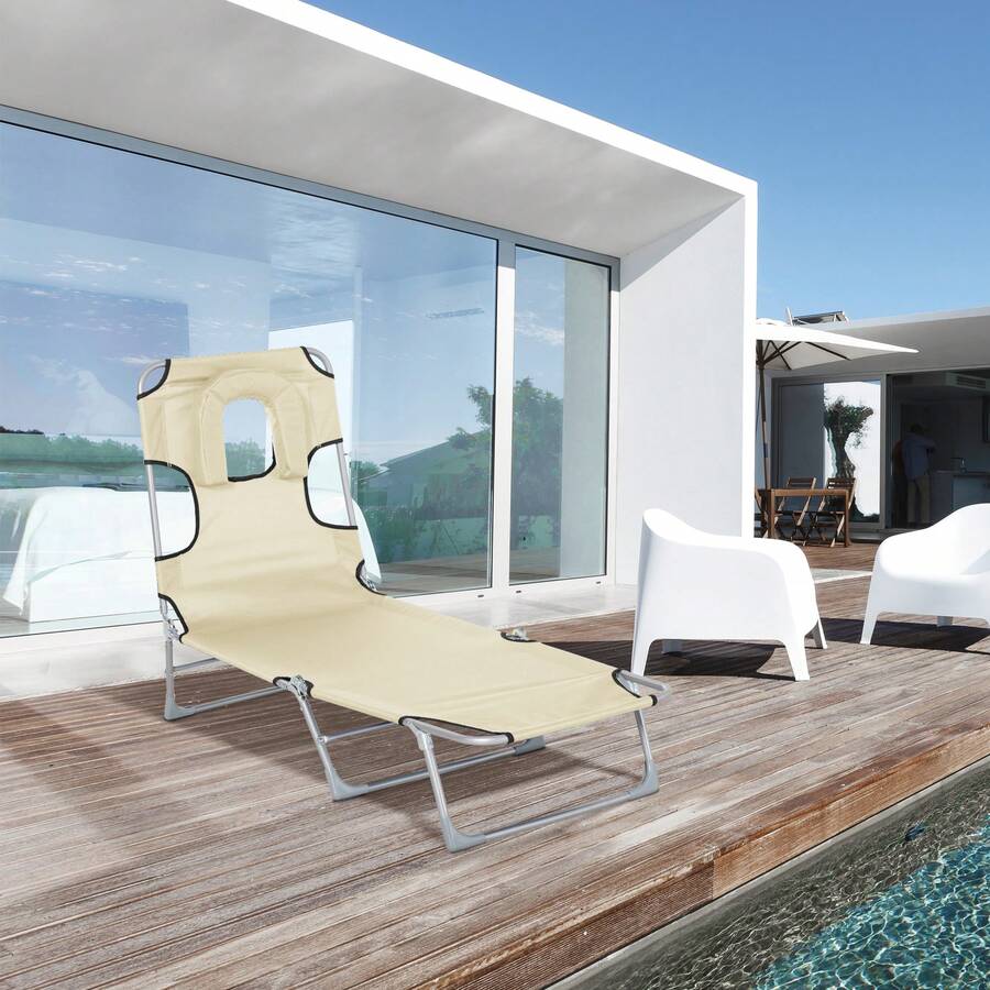 Klappbarer Gartenliegestuhl mit Gesichtsausschnitt, Kopfstütze und 5-fach verstellbarer Rückenlehne, Outdoor-Strand- und Terrassenstuhl, Beige, 182 x 56 x 28 cm