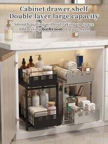 Double Layer Pull-Out Kitchen Cabinet Storage Rack, Under Sink Sliding Organizer With Raised Anti-Drop Guardrail,Pull-Out Basket Greatly Improve Access Efficiency Of Deep Cabinet Goods,Great For Compact Kitchen And Family Daily Cooking Storage Use. - Multicolor - View 5