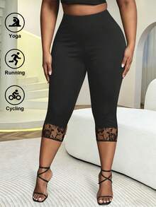 Pantalones de yoga de talle alto y unicolor con control de abdomen para mujer de talla grande, diseño con encaje, tela elástica y cómoda, adecuado para uso casual y deportivo en primavera - Negro - Ver 3