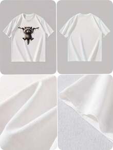 [New Products]Summer Men's Comfortable Breathable Round Neck Short Sleeve Solid Color Versatile Daily Casual T Shirt With Cute Hanging Raccoon Print - 白色 - 查看 4