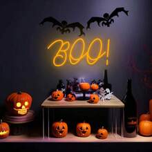 1個 Boo! 霓虹燈牌，USB供電暖黃色LED霓虹燈，壓克力牆面裝飾，草寫字體設計，可調光燈，適用於萬聖節派對、臥室、酒吧及恐怖主題家居裝飾 - 多色光 - 查看 2