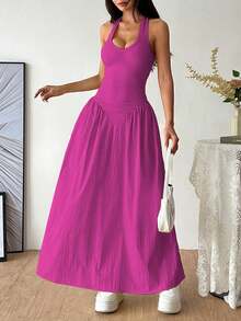 Deep V-Neck Halter Dress With Pleats At The Waist - Apricot - View 1