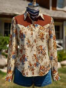 VEXHEIMA Western Style Women's Bohemian-Style , Elegant, And Versatile Suede Shirt With Vintage Print, Button-Down Collar, And Long Sleeves Vacation - Multicolor - View 3